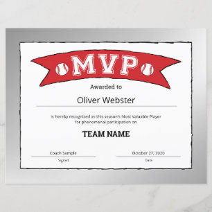Papier Joueur MVP - Certificat MVP Certificat de baseball