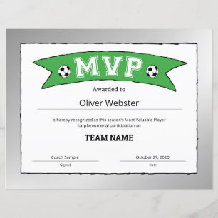 Papier Joueur MVP - Certificats MVP - Certificat de Footb