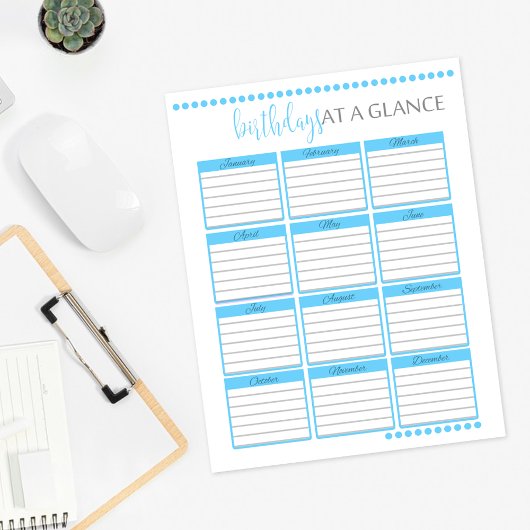 Papier Jours d'anniversaire mensuels en un coup d'oeil |