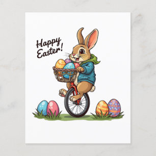 Papier Joyeux lapin de Pâques sur un monocycle avec panie
