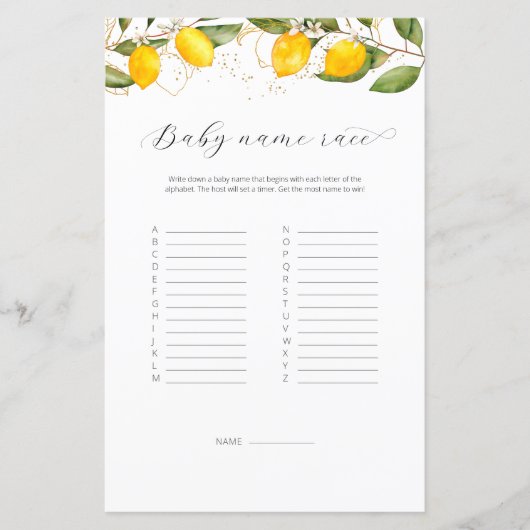 Papier Juicy Yellow Baby Name Race Baby shower Jeu (Devant)