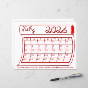 Papier Juillet 2026 Mois Calendrier Sm Rouge Tissu Fonte