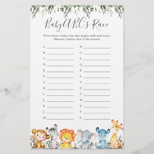 Papier Jungle Animals Baby shower ABC's Race Game (Devant)