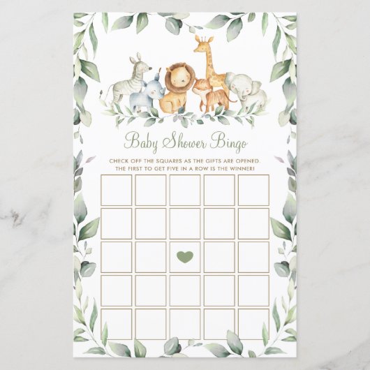 Papier Jungle Animaux Baby shower de verdure Bingo Jeu (Devant)