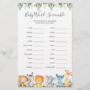 Papier Jungle Animaux Baby shower Word Scramble Jeu