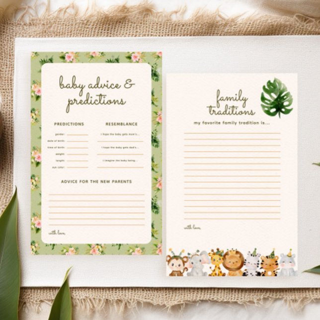 Papier Jungle Green Baby shower Tropical Prédictions Jeu (fun baby shower games: family traditions + advice & predictions. Tropical leaves and safari animals)