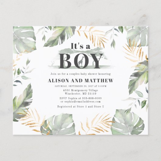 Papier Jungle Safari Couples Boy Baby shower Invitation (Devant)