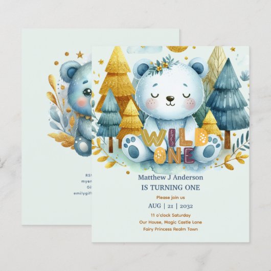 Papier Kawaii WILD ONE 1er anniversaire Boys BEAR Woodlan (Devant / Derrière)