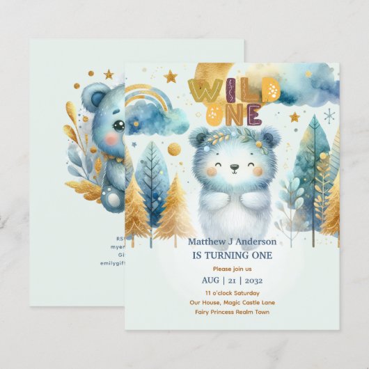 Papier Kawaii WILD ONE 1er anniversaire Boys BEAR Woodlan (Devant / Derrière)