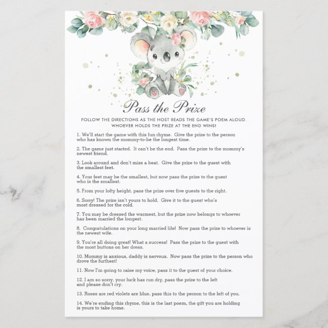 Papier Koala Floral Greenery Baby Shower Pass the Prize  (Devant)