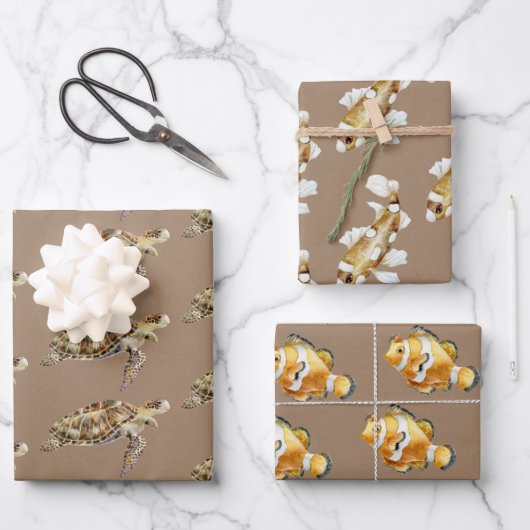 Papier Kraft Aquarelle Tortue de mer et poisson (Recto)