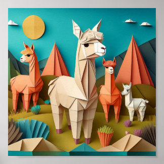 Papier Kunst Origami Alpaca's Scene 3D Poster