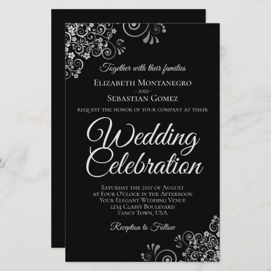 Papier Lacy Silver sur Black BUDGET Mariage inviter grand (Devant / Derrière)