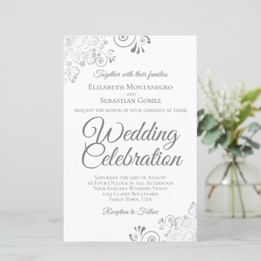 Papier Lacy Silver & White BUDGET Mariage Inviter Grand (Debout devant)