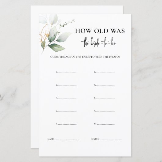 Papier L'âge de la mariée jeu de verdure (Devant / Derrière)