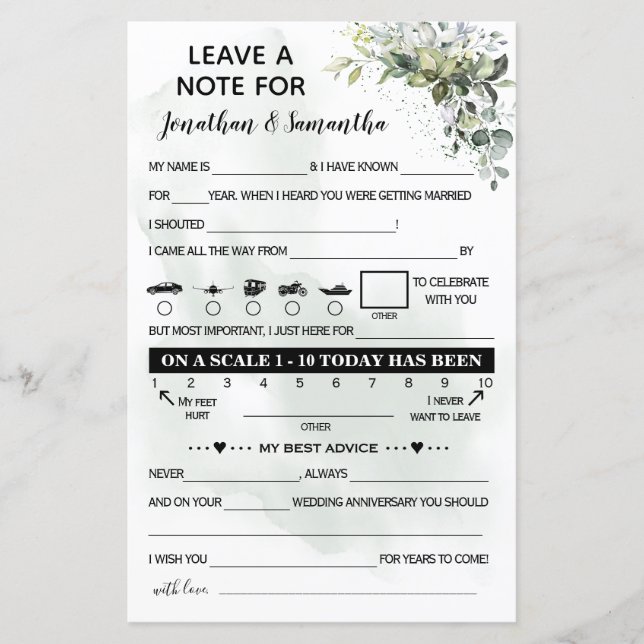 Papier Laisser un billet mariage eucalyptus bilingue (Devant)