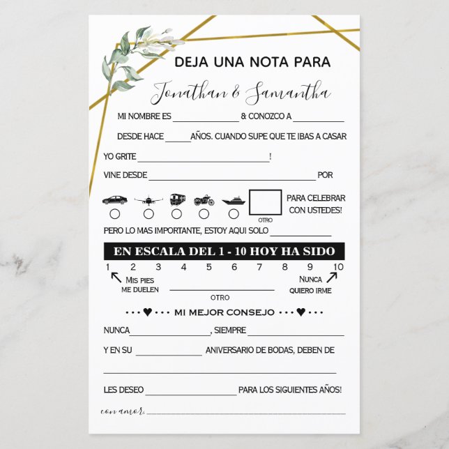 Papier Laisser une note bilingue mariage or vert (Dos)