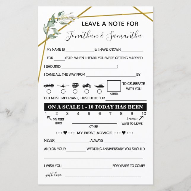 Papier Laisser une note bilingue mariage or vert (Devant)