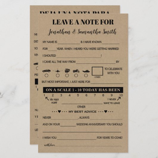 Papier Laisser une note pour le mariage rustique bilingue (Devant / Derrière)
