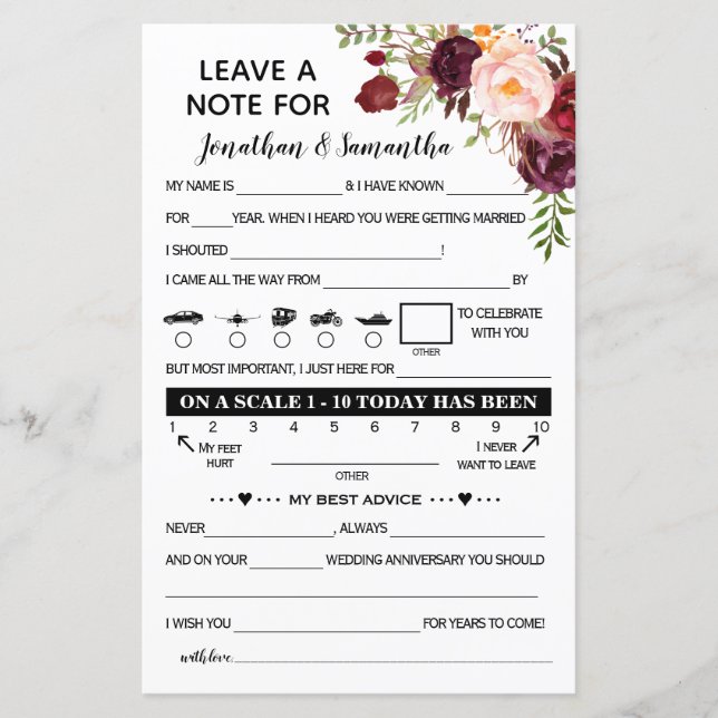 Papier Laisser une note pour Marsala Douche nouvellement  (Devant)