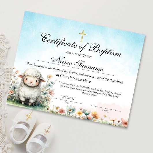 Papier Lamb Certificate of Baptism, Baby Dedication