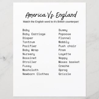 Papier L'Amérique contre l'Angleterre Baby shower Game