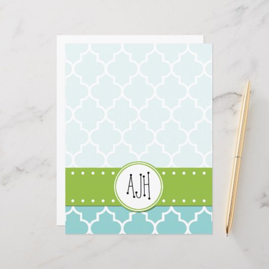 Papier Latticwork bleu, Quatrefoil, Trellis, Monogramme (Devant/Arrière en situation)
