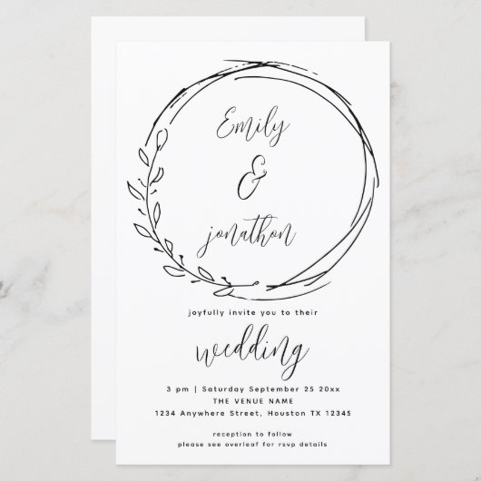 Papier Laurel Leaf Wreath QR Code Script Wedding Invite (Devant / Derrière)