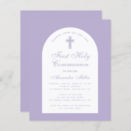 Papier Lavender Boy First Communion Budget Invitation (Devant / Derrière)