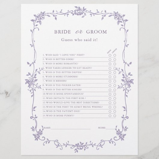 Papier Lavender 'Bride or Groom' Bridal Shower Game  (Devant)