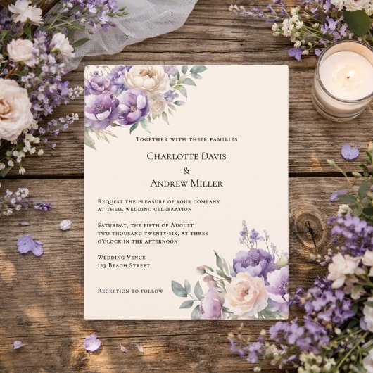 Papier Lavender champagne cream floral wedding invitation