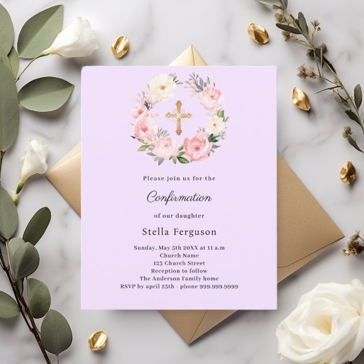 Papier Lavender florals cross Confirmation invitation