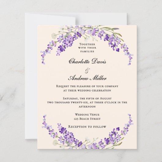 Papier Lavender flowers champage cream wedding invitation (Devant)