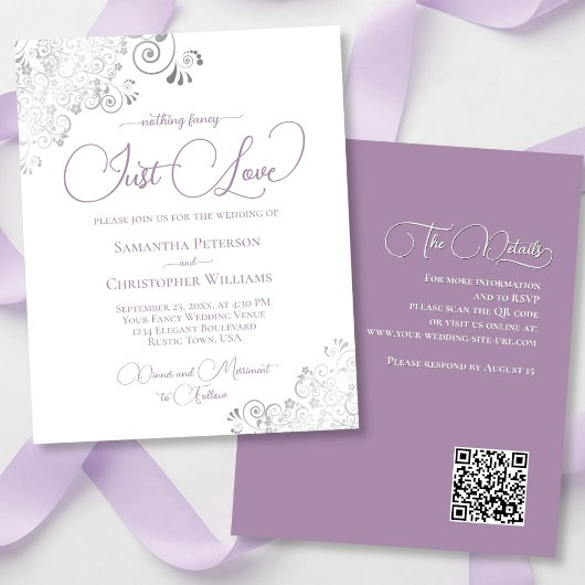Papier Lavender Silver QR Code BUDGET Mariage Invitation