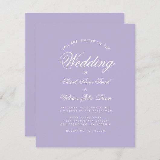 Papier Lavender Simple Budget Purple Faire-part de mariag (Devant / Derrière)