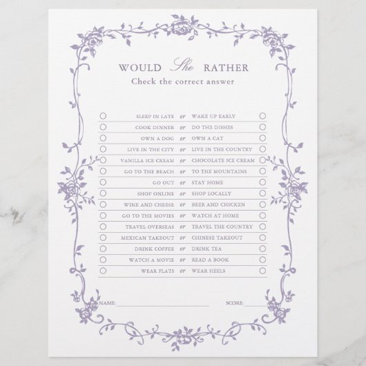 Papier Lavender 'Would She Rather' Bridal Shower Game (Devant)