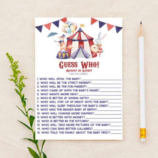 Papier Le Carnaval De Cirque Devine Qui ! Jeu baby shower