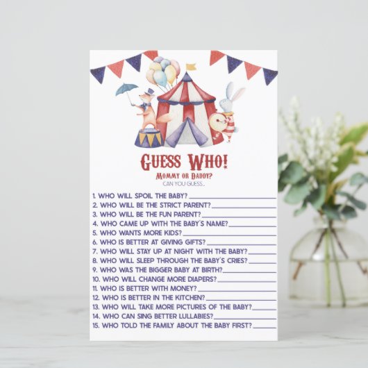 Papier Le Carnaval De Cirque Devine Qui ! Jeu baby shower (Debout devant)