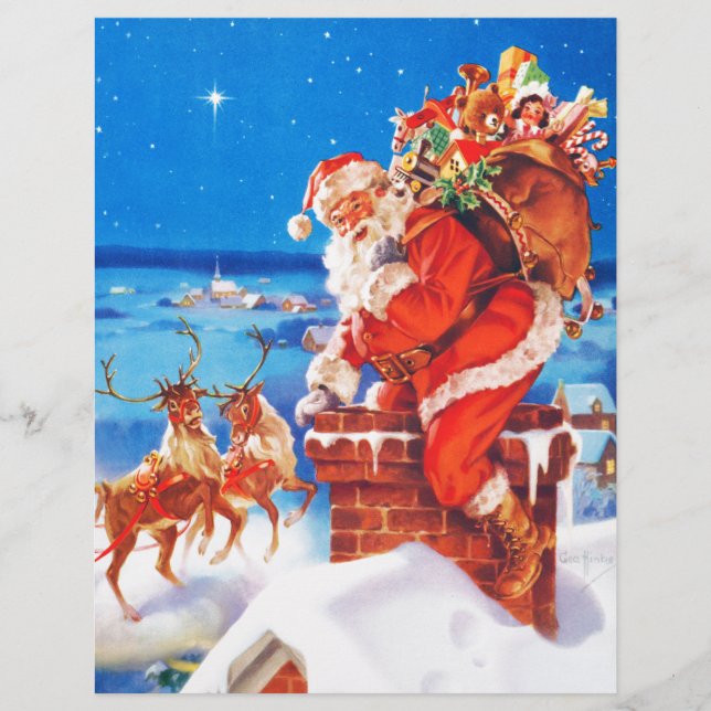Papier Le Père Noël et son renne sur le toit (Devant)
