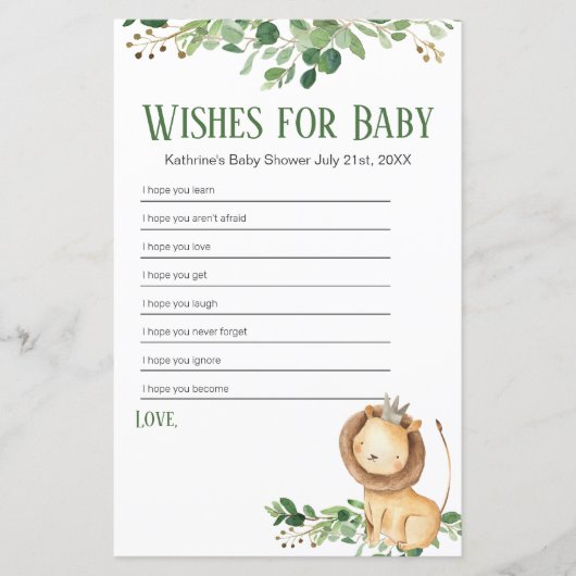 Papier Le Prince Lion vert Floral Voeux pour bébé (Devant)