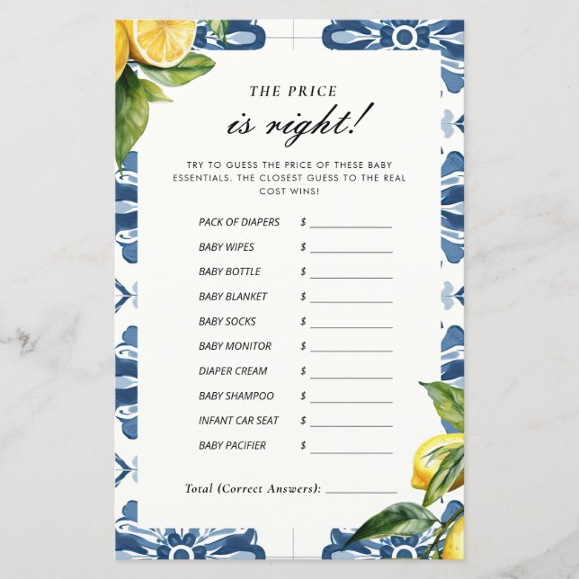 Papier Le prix est juste Citron Positano Baby shower jeu (Devant)