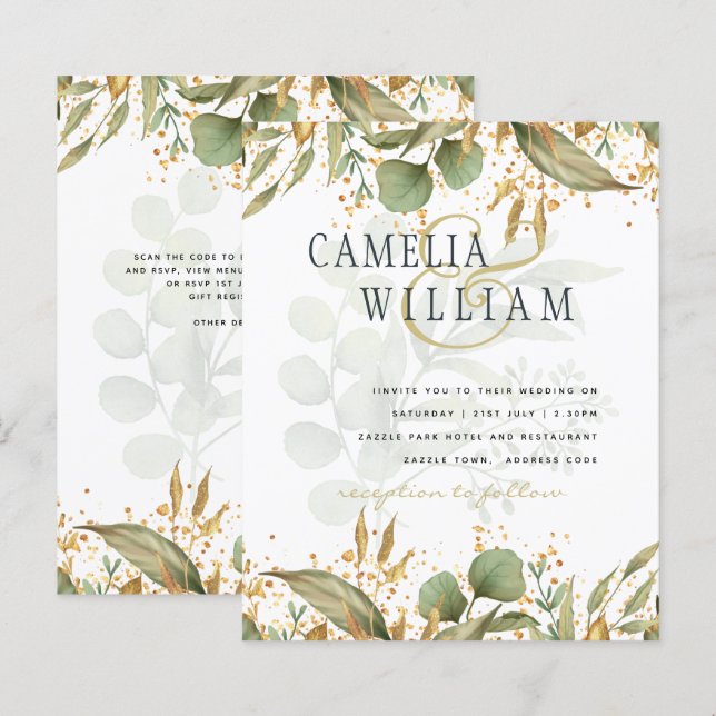 Papier LeahG Botanical Greenery Gold Wedding Invite (Devant / Derrière)