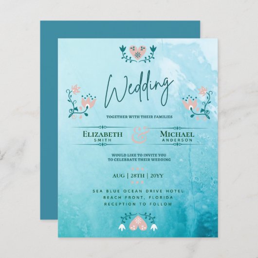 Papier LeahG BUDGET Mariage Inviter Folk Art Turquoise ro (Devant / Derrière)