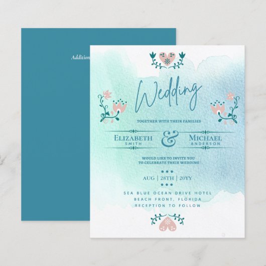 Papier LeahG BUDGET Mariage Inviter Folk Art Turquoise ro (Devant / Derrière)