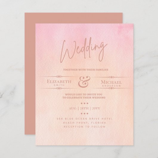Papier LeahG BUDGET Mariage Inviter Peach Pink Aquarelle (Devant / Derrière)