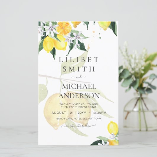 Papier LeahG Citrus Lemons Budget Mariage Inviter Jaune (Debout devant)