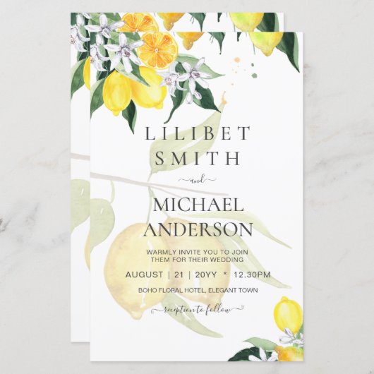 Papier LeahG Citrus Lemons Budget Mariage Inviter Jaune (Devant / Derrière)