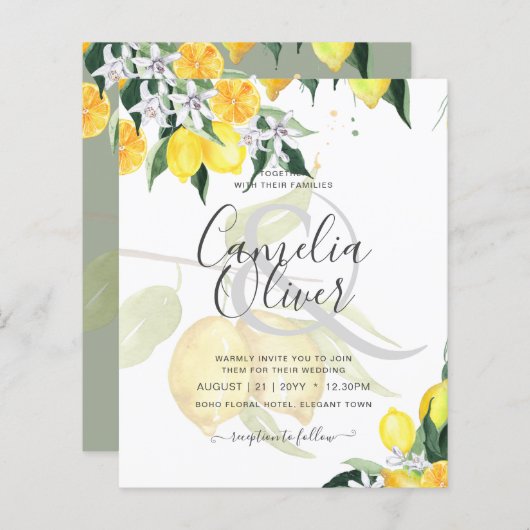 Papier LeahG Citrus Lemons Budget Mariage Inviter Jaune (Devant / Derrière)