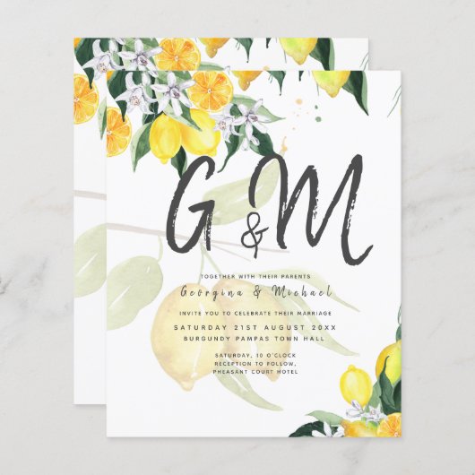 Papier LeahG Citrus Lemons Budget Mariage Inviter Jaune (Devant / Derrière)