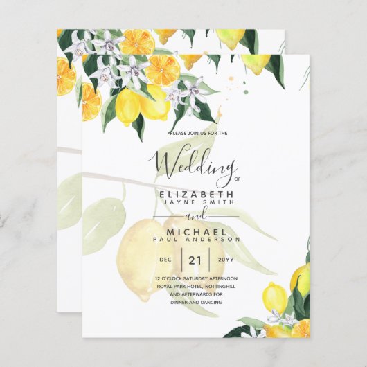 Papier LeahG Citrus Mariage de citrons jaunes Invite (Devant / Derrière)